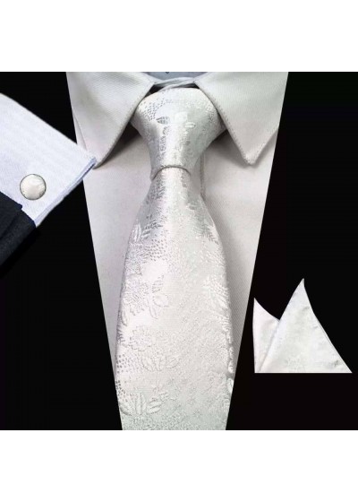 Комплект мъжка вратовръзка, ръкавели и кърпичка в бяло
