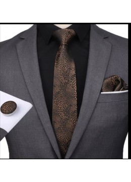 Комплект мъжка вратовръзка, ръкавели и кърпичка в черно и кафяво