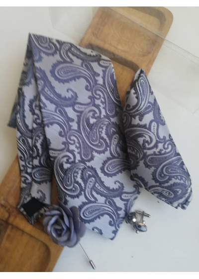 Комплект мъжка вратовръзка, ръкавели и кърпичка в сиво
