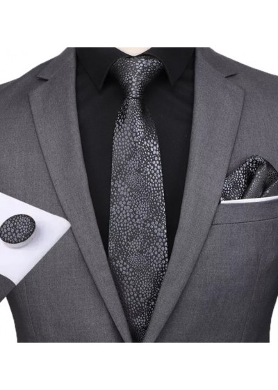 Комплект мъжка вратовръзка, ръкавели и кърпичка в черно и сребристо сиво