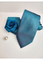 Луксозен комплект за младоженец вратовръзка кърпичка и бутониера в цвят петрол