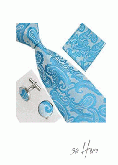 Комплект мъжка вратовръзка, ръкавели и кърпичка в бяло и тюркоаз