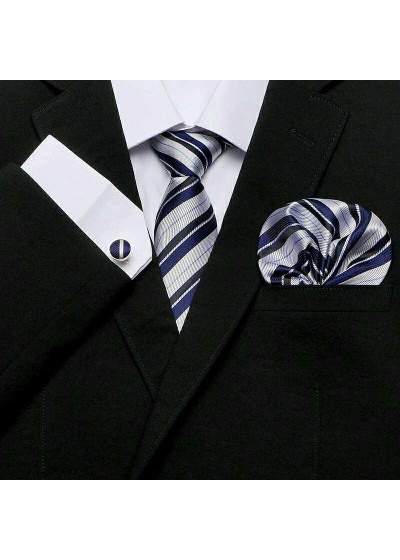 Комплект вратовръзка, кърпичка и ръкавели за младоженец в бяло и тъмно синьо