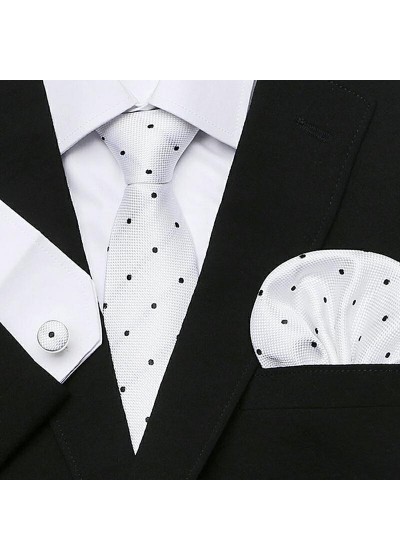 Комплект мъжка вратовръзка, кърпичка и ръкавели в бяло на черни точки 