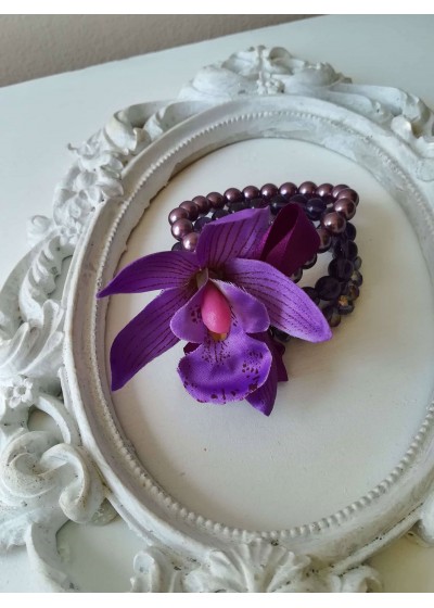 Гривна - корсаж за сватба с орхидеи и Swarovski кристали за Кума и шаферка Purple Passion