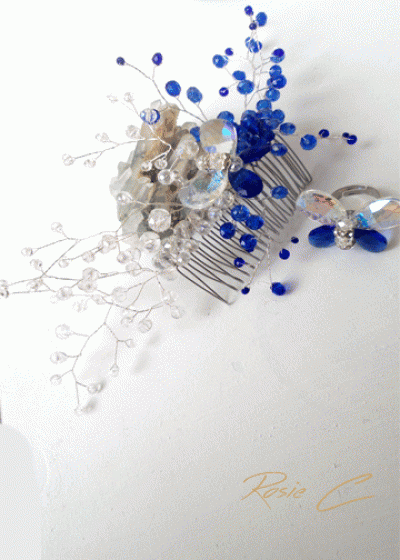 Дизайнерска кристална украса за коса- гребен и пръстен модел Crystal Butterfly Blue