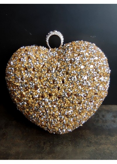 Ефектна дамска чантичка сърце със златисти кристали за булка и абитуриентка