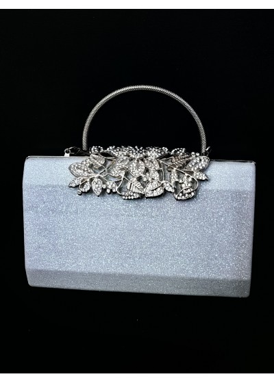 Луксозна чанта за булка и абитуриентка от брокат с перлени отблясъци и сребърен обков с кристали
