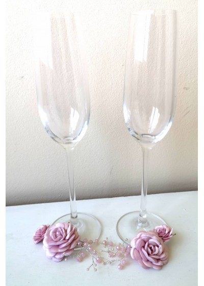 Сватбени чаши за шампанско с декорация от цветя сатен и кристали Сваровски в цвят пепел от роза