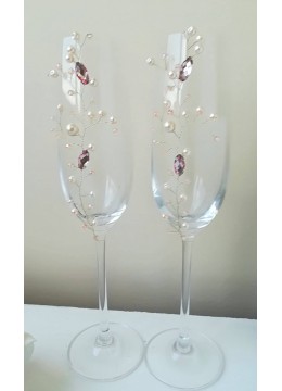 Сватбени чаши с високо столче с украса с перли и кристали в розово серия Japanese Blossom