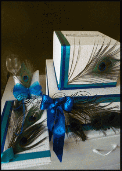 Сватбен комплект кутия за пари и книга за гости в синьо и тюркоаз модел Peacock Style