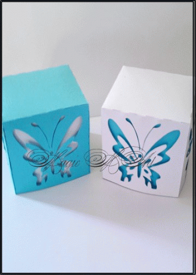 Кутийка за сватбено подаръче модел Butterfly Magic Duo тюркоаз и бяло