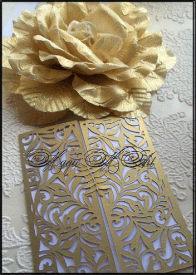 Дизайнерска Покана за сватба Lace Gate златна перла