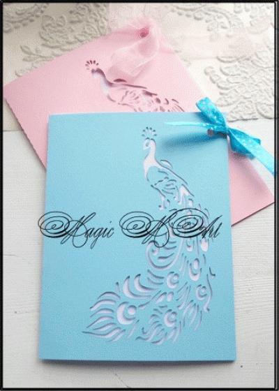 Дизайнерска покана за сватба в светло синьо - модел Peacock 